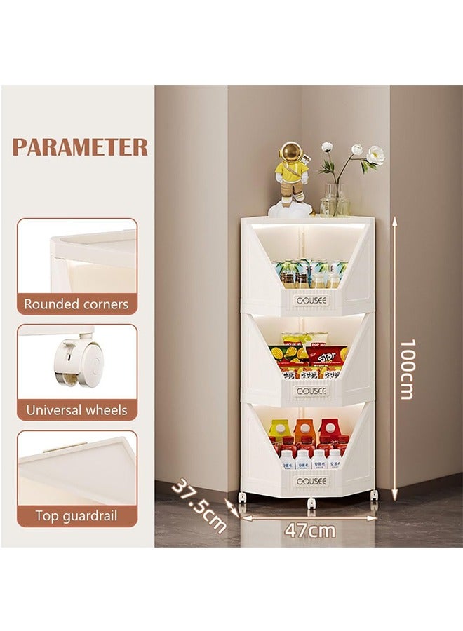 JCB CHIC حامل رف زاوية قابل للطي من 3 طبقات، حامل رف زاوية قابل للطي، رف تخزين زاوية صناديق تخزين بلاستيكية قابلة للتكديس مع عجلات، رف عرض زاوية متعدد الأغراض لغرفة المعيشة، غرفة النوم، الحمام - Image 2