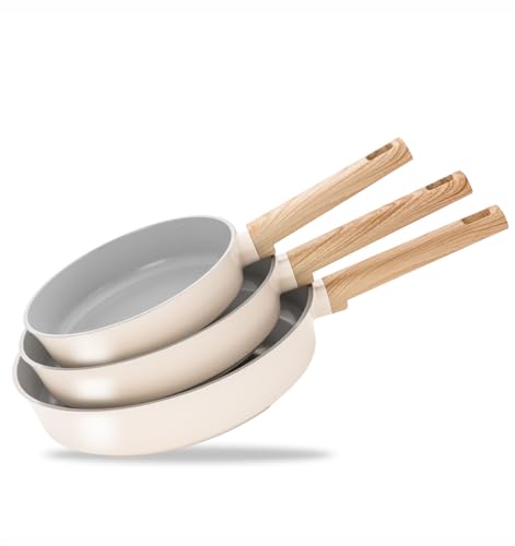 KOCH SYSTEME CS Non Stick Frying Pans Set 3 Piece, Nonstick Ceramic Frying Pans Heat-Resistant Handle, 8" 9.5" 11" Non Toxic Cooking Pan Set, Induction Compatible Skillet, Dishwasher Safe, Cream White - Image 1