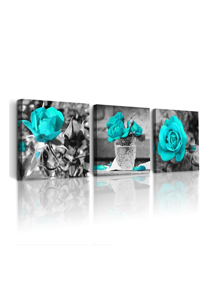 Excefore Blue Rose Canvas Wall Art For Bedroom, Canvas Wall Pictures Artwork Minimalist Home Decor, Flowers Wall Decorations For Living Room Boho Wall Decor (3 Pcs, 30x30 cm) - Image 1