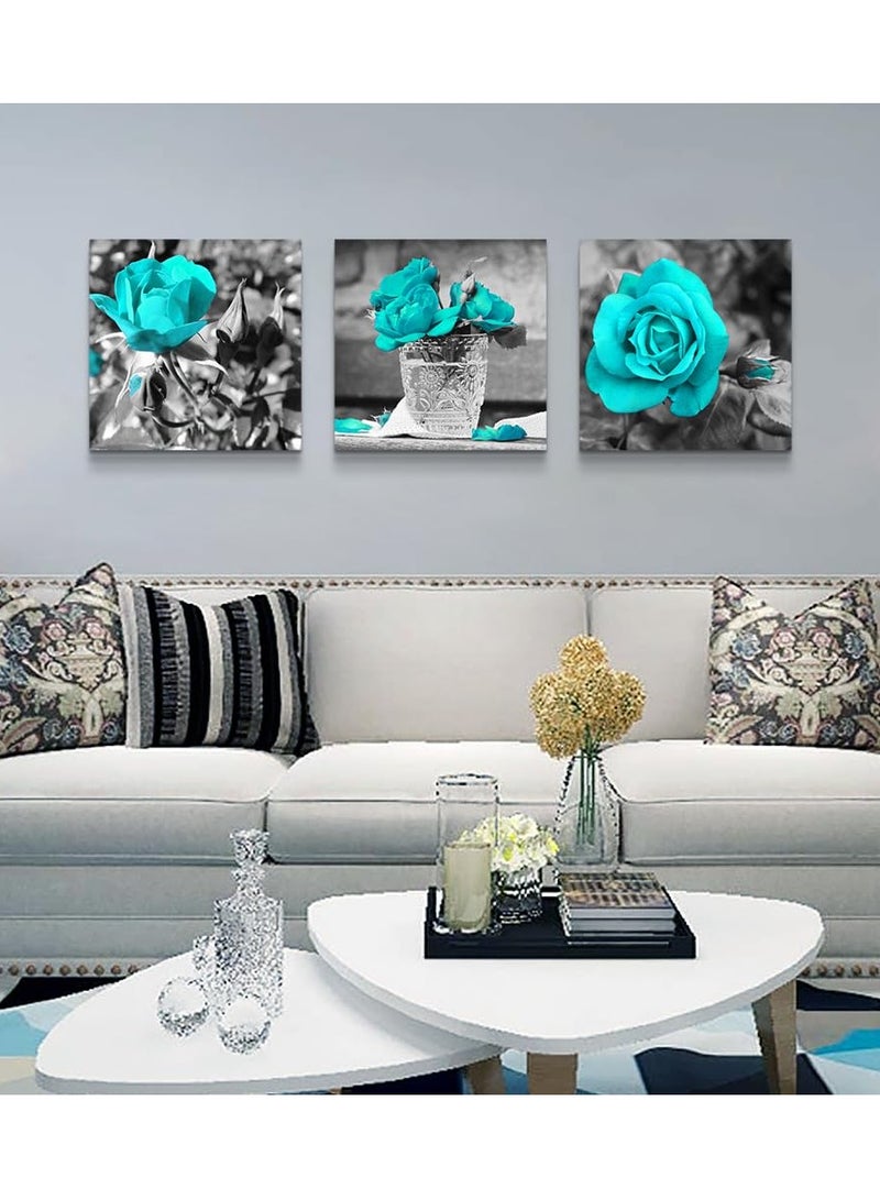 Excefore Blue Rose Canvas Wall Art For Bedroom, Canvas Wall Pictures Artwork Minimalist Home Decor, Flowers Wall Decorations For Living Room Boho Wall Decor (3 Pcs, 30x30 cm) - Image 4