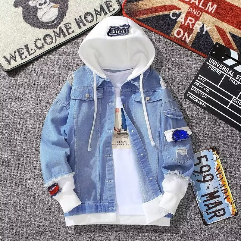 New Men'S Ripped Denim Jacket Handsome Men'S Korean-Style Casual Student Fake Two-Piece Hooded Baseball Jacket - Image 1