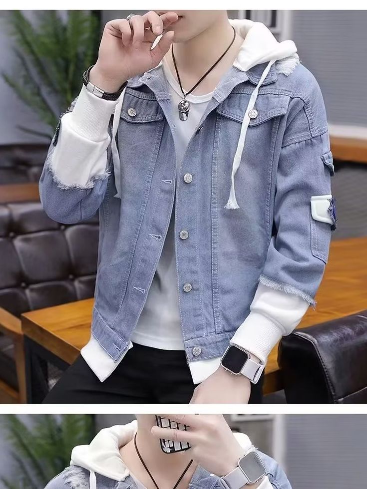 New Men'S Ripped Denim Jacket Handsome Men'S Korean-Style Casual Student Fake Two-Piece Hooded Baseball Jacket - Image 2
