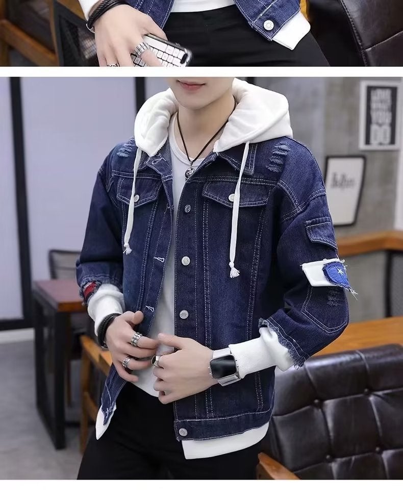 New Men'S Ripped Denim Jacket Handsome Men'S Korean-Style Casual Student Fake Two-Piece Hooded Baseball Jacket - Image 4