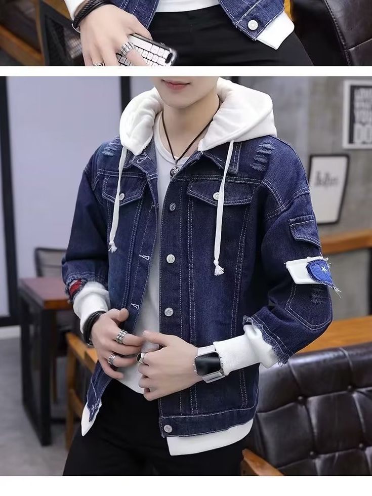 New Men'S Ripped Denim Jacket Handsome Men'S Korean-Style Casual Student Fake Two-Piece Hooded Baseball Jacket - Image 3