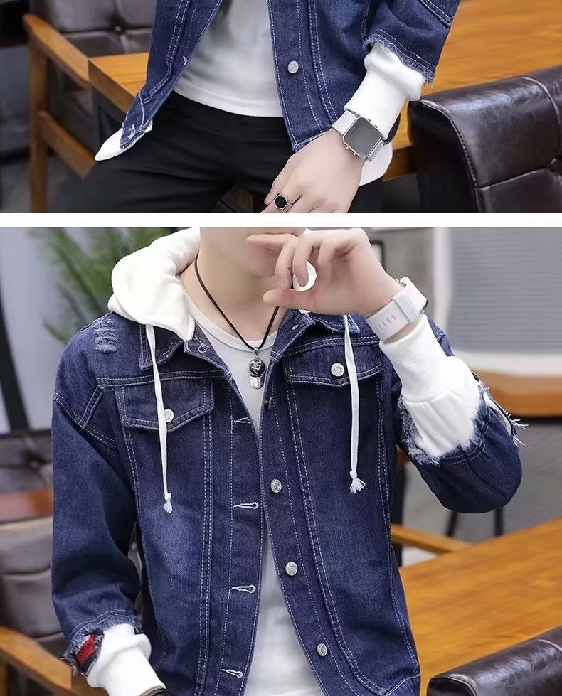 New Men'S Ripped Denim Jacket Handsome Men'S Korean-Style Casual Student Fake Two-Piece Hooded Baseball Jacket - Image 5