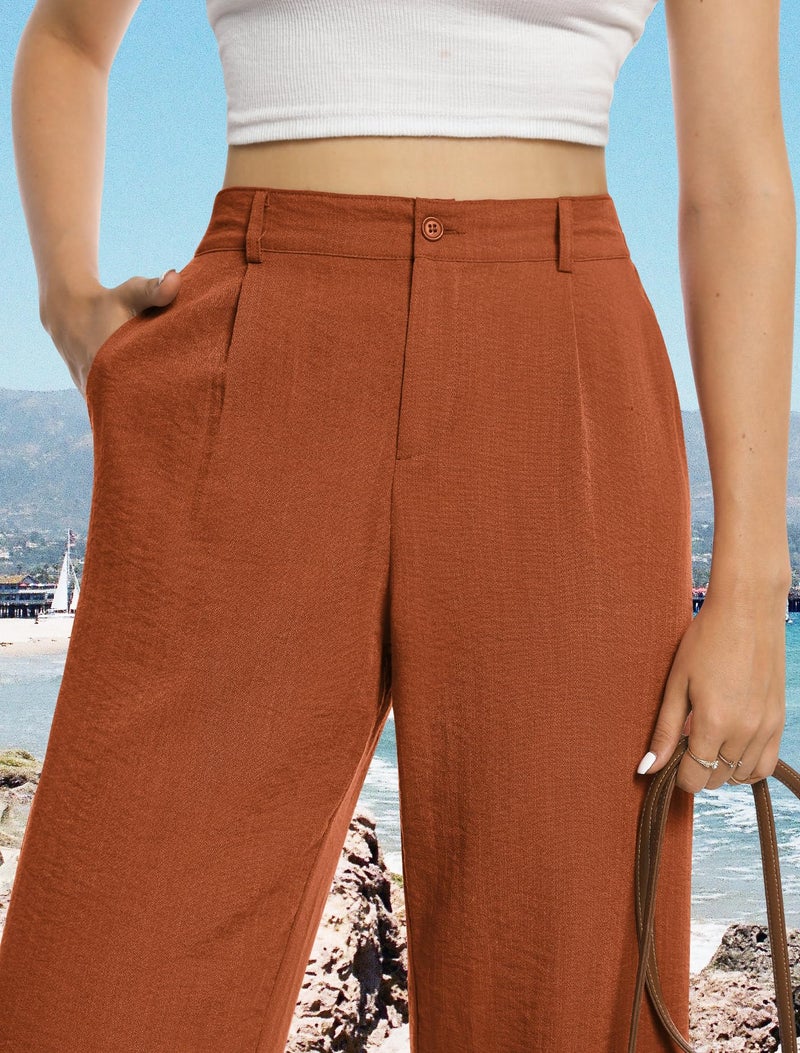 Feiersi Womens Casual Wide Leg Pants High Waisted Button Down Straight Long Trousers Palazzo Pants(Orange Yellow,Large) - Image 2