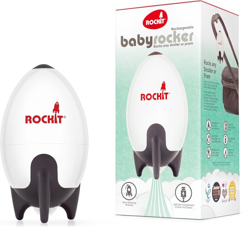 ROCKIT روكيت بيبي روكر قابل لإعادة الشحن عبر USB - هزاز محمول بدون استخدام اليدين لمساعدة النوم - يهز عربة الأطفال أو عربة الدفع برفق - سرعة قابلة للتعديل مؤقت 60 دقيقة - يناسب عربات الدفع وعربات الأطفال ويخلق هزاز تلقائي - Image 1