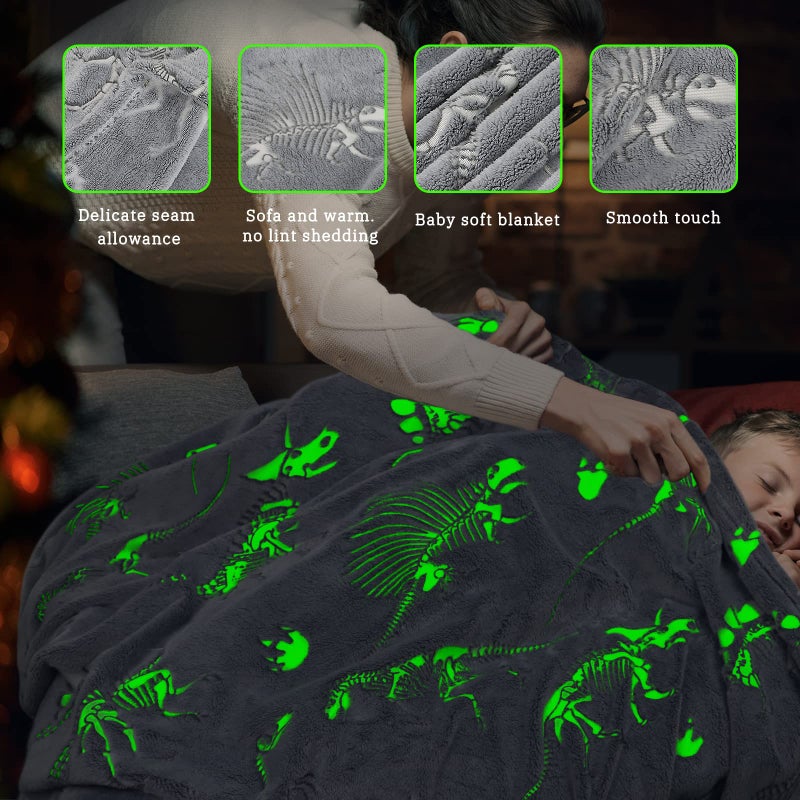 Gitrat Glow in The Dark Blanket Dinosaur Throw Blanket for Boys Kids Soft Warm Cozy Cute Dino Blanket Unique Dinosaurs Toys Gifts Gray Glowing Dinosaur Room Decor Blankets for Girls Teens 50"x60" - Image 4