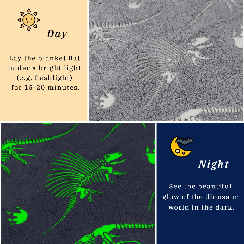 Gitrat Glow in The Dark Blanket Dinosaur Throw Blanket for Boys Kids Soft Warm Cozy Cute Dino Blanket Unique Dinosaurs Toys Gifts Gray Glowing Dinosaur Room Decor Blankets for Girls Teens 50"x60" - Image 5