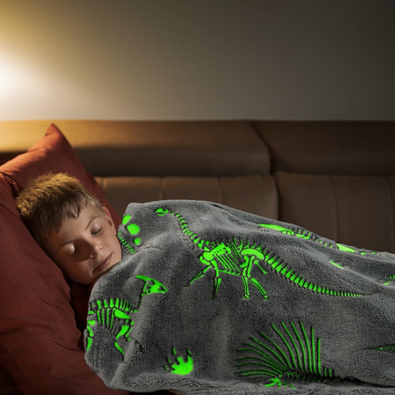 Gitrat Glow in The Dark Blanket Dinosaur Throw Blanket for Boys Kids Soft Warm Cozy Cute Dino Blanket Unique Dinosaurs Toys Gifts Gray Glowing Dinosaur Room Decor Blankets for Girls Teens 50"x60" - Image 2