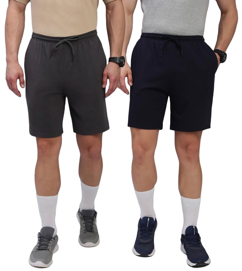 Lux Cozi Men's Cotton Regular Fit Solid Shorts with Side Pockets_COZI_2141_NB_DRKGRY_M_2PC - Image 1