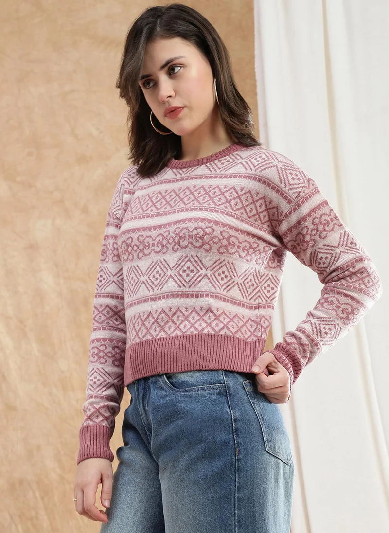 جلو باص كنزة نسائية بياقة دائرية وأكمام طويلة بتصميم ذاتي من الأكريليك للشتاء