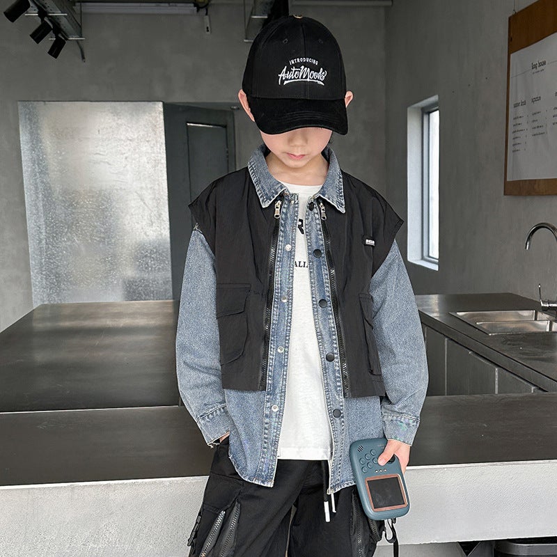 Boys' Denim Fake Two-Piece Shirt Jacket Children'S Spring Shirt Fried Street Fashionable Spring Clothes