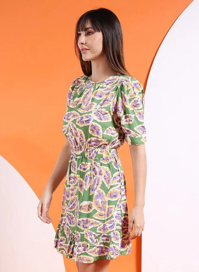 Freehand Freehand Leaf Print Mini Dress with Elastic Waist