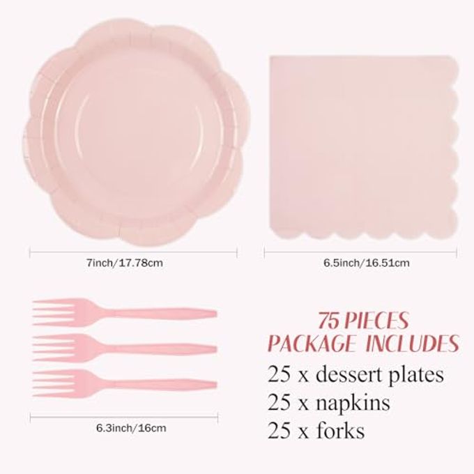 KFJBPB 75 PCS Pink Paper Plates and Napkins Party Supplies, LightPink Scalloped Plates Napkins Forks Disposable Tableware Set for Bridal Baby Shower Wedding Birthday Party Decorations (Pink) - Image 2