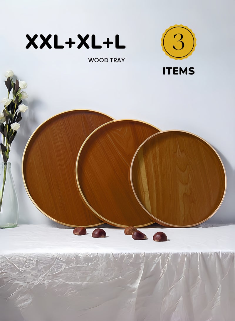 nihao 3 Pcs Handmade Tea Serving Tray Set, Solid Wood Serving Tray, Decorative Serving Trays Platter Round Non-Slip Tea Coffee Snack Pizza Plate Food Meals Serving Tray with Raised Edges for Home Kitchen Restaurant-37.5CM+33CM+30CM,Brown - Image 2