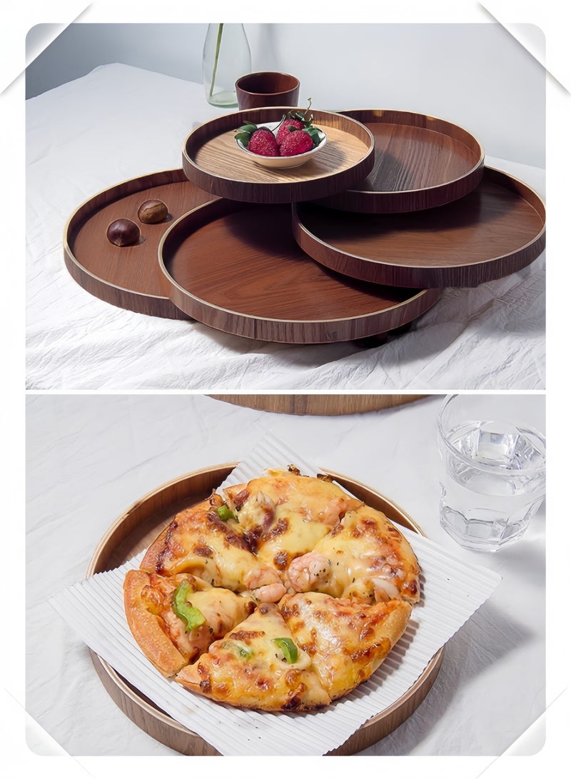 nihao 3 Pcs Handmade Tea Serving Tray Set, Solid Wood Serving Tray, Decorative Serving Trays Platter Round Non-Slip Tea Coffee Snack Pizza Plate Food Meals Serving Tray with Raised Edges for Home Kitchen Restaurant-37.5CM+33CM+30CM,Brown - Image 3
