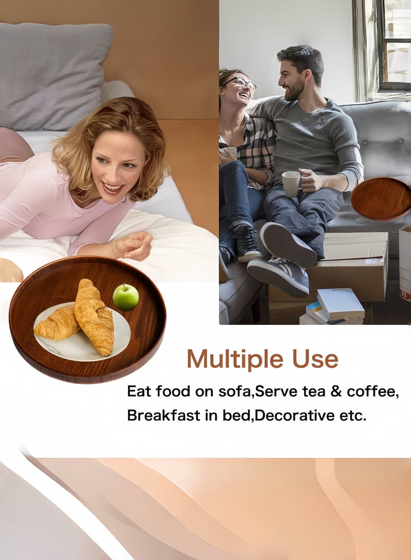 nihao 3 Pcs Handmade Tea Serving Tray Set, Solid Wood Serving Tray, Decorative Serving Trays Platter Round Non-Slip Tea Coffee Snack Pizza Plate Food Meals Serving Tray with Raised Edges for Home Kitchen Restaurant-37.5CM+33CM+30CM,Brown - Image 5