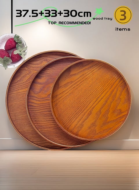 3 Pcs Handmade Tea Serving Tray Set, Solid Wood Serving Tray, Decorative Serving Trays Platter Round Non-Slip Tea Coffee Snack Pizza Plate Food Meals Serving Tray with Raised Edges for Home Kitchen Restaurant-37.5CM+33CM+30CM,Brown