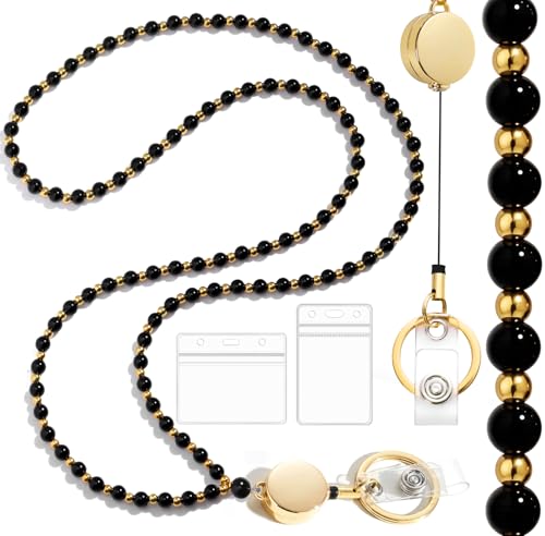 Toykee Lanyards with ID Badges Holder for Teachers Keys - Black and Gold Beaded Card Holders for Women Necklace Breakaway Lanyard with Holder for Name Tag Cruise Ship - Image 1