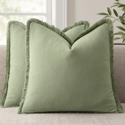 ANRODUO Set of 2 Decorative Throw Pillow Covers 18×18 Inch Soft Linen Fringe Farmhouse Boho Vintage Cushion Covers with Tassels Accent Pillowcase for Couch Sofa Bed Living Room Spring Decor Sage Green - Image 1