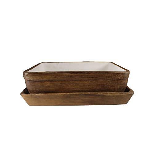 Lasaki Rectangle Shaped Antique Brown Ceramic Planter with Antique Tray | Mini Flower Plant Container/gamla for Indoor, Outdoor, Garden Decoration, Balcony & Office (rec003) - Image 2