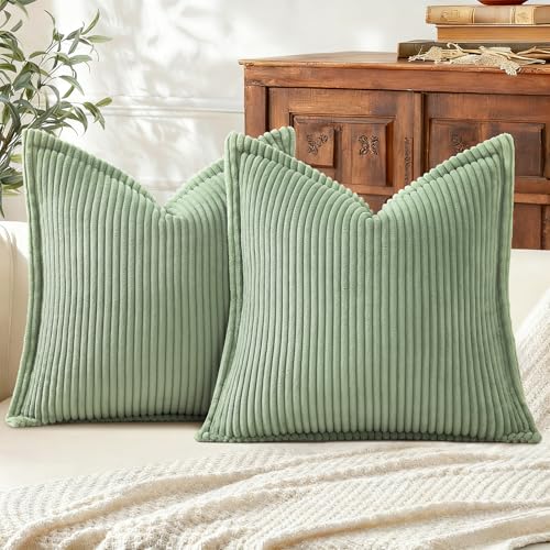 Mecatny Corduroy Summer Throw Pillow Covers 18x18 Set of 2 Neutral Decorative Soft Boho Couch Pillow Covers with Broadside for Sofa Living Room Sage Green - Image 1