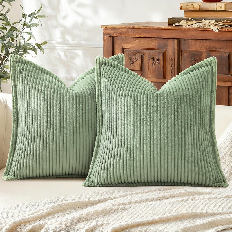 Mecatny Corduroy Summer Throw Pillow Covers 18x18 Set of 2 Neutral Decorative Soft Boho Couch Pillow Covers with Broadside for Sofa Living Room Sage Green - Image 2
