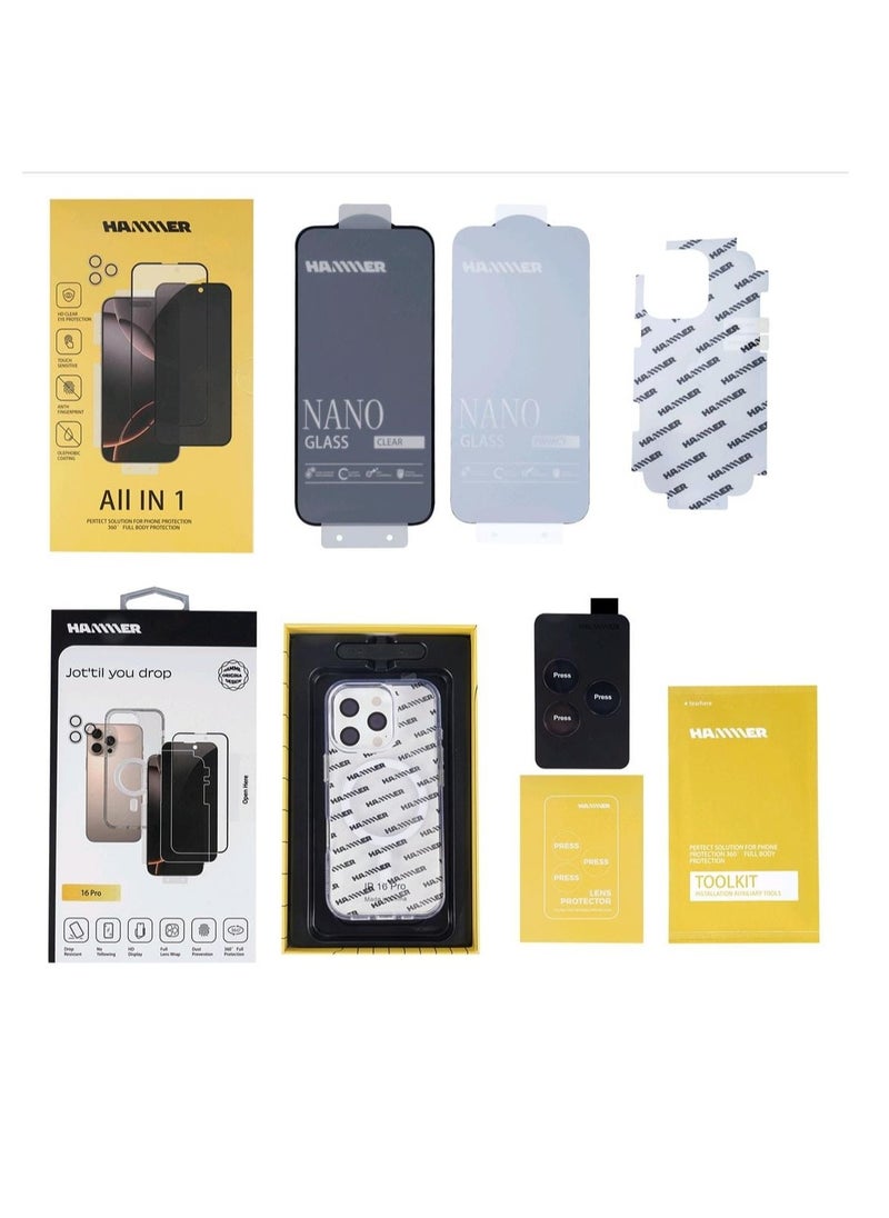 Hammer - Hammer package complete iPhone 16 Pro Max comes with 2 transparent front protectors, a cover, and a slim crystal case anti-yellowing, drop-resistant, with a tilt degree, full lens protection, anti-scratch - Image 1