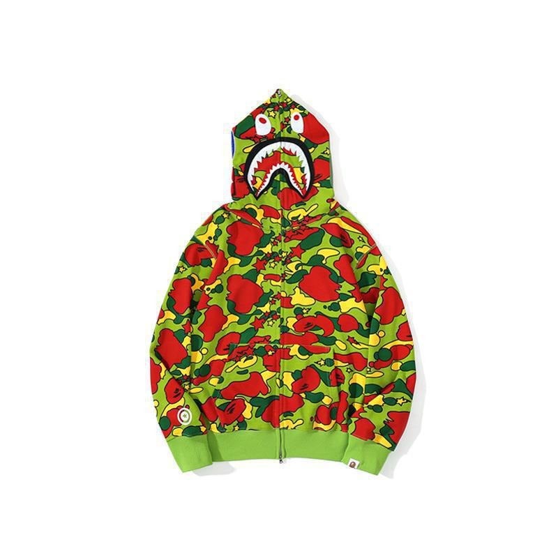 جاكيت كاموفلاج عصري بتصميم مميز من Bape مع طبعة ثلاثية الأبعاد لسمكة القرش، سترة بغطاء رأس وسحاب للرجال والنساء