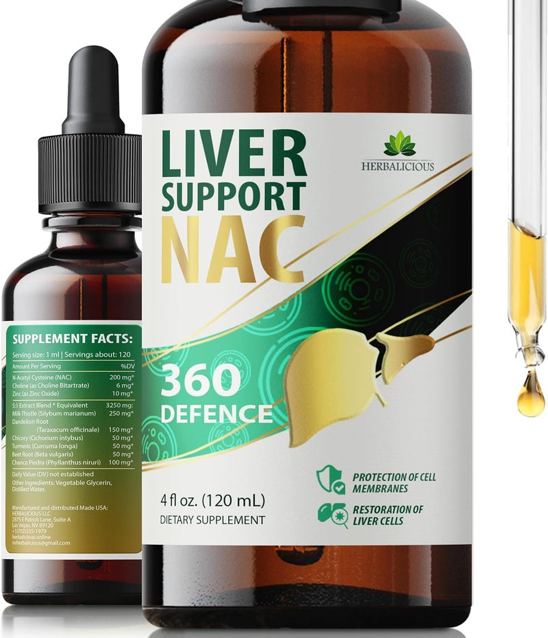 HERBALICIOUS دعم الكبد NAC 360 دفاع سائل لصحة الكبد مع NAC حليب الشوك الهندباء الهندباء الكركم تشانكا بيدرا جذر الشمندر زنك يدعم تطهير الكبد وتنظيفه صحة الخلايا 4 أونصة سائلة - Image 1
