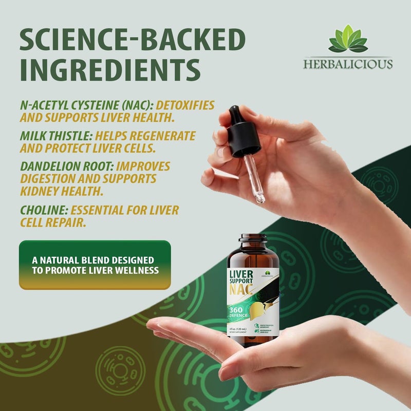 HERBALICIOUS دعم الكبد NAC 360 دفاع سائل لصحة الكبد مع NAC حليب الشوك الهندباء الهندباء الكركم تشانكا بيدرا جذر الشمندر زنك يدعم تطهير الكبد وتنظيفه صحة الخلايا 4 أونصة سائلة - Image 5