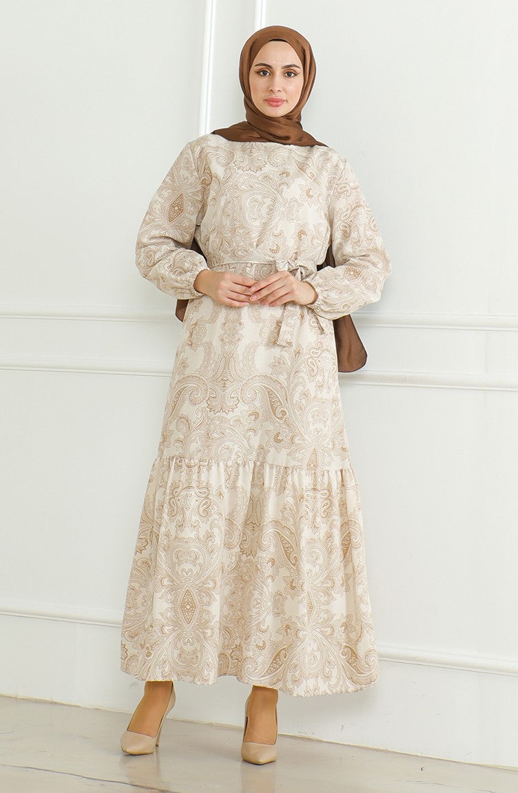 Sefa Merve Patterned Belted Linen Dress 0471C-04 Beige - Image 1