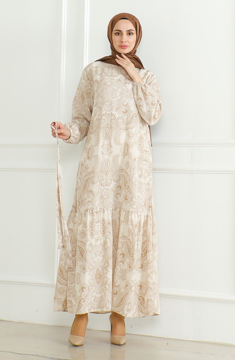 Sefa Merve Patterned Belted Linen Dress 0471C-04 Beige - Image 5