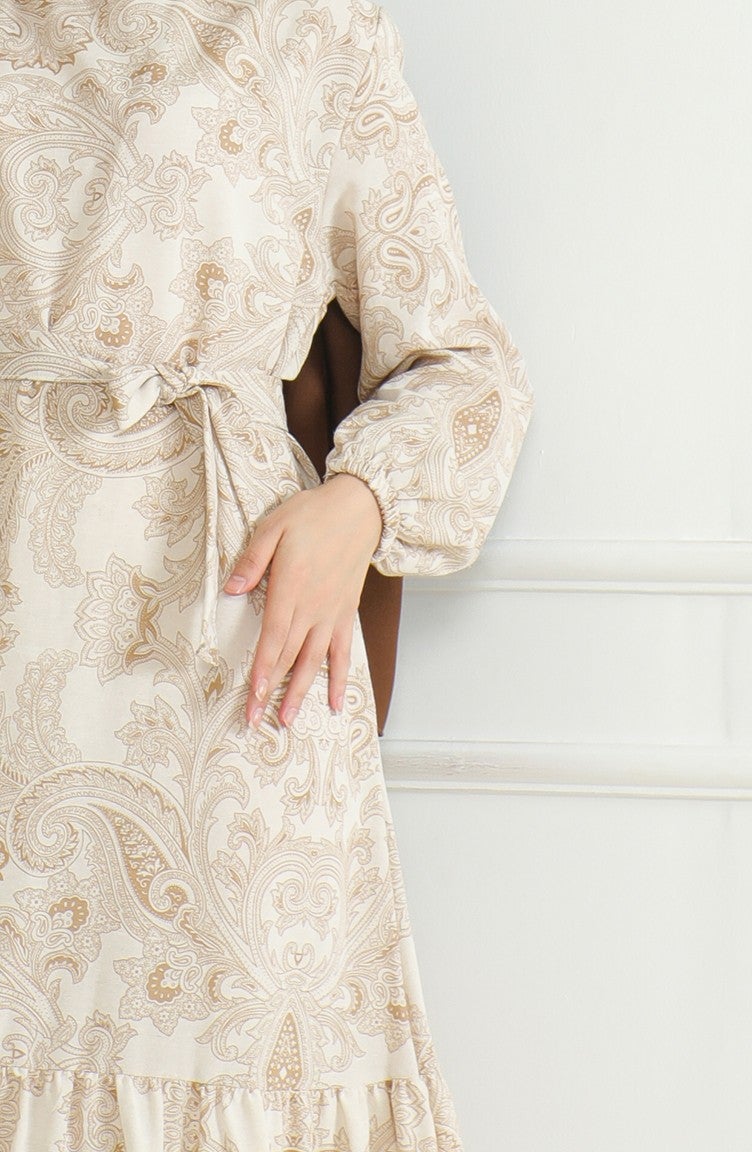 Sefa Merve Patterned Belted Linen Dress 0471C-04 Beige - Image 4