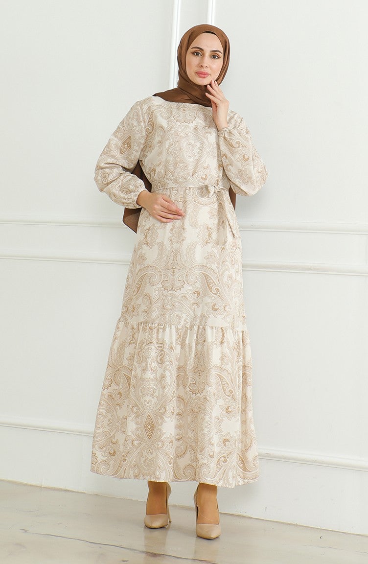 Sefa Merve Patterned Belted Linen Dress 0471C-04 Beige - Image 2