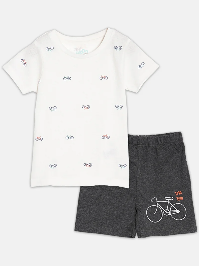 Broon Broon Infant Boys White and Black Printed Organic Cotton T-shirt with Shorts Set