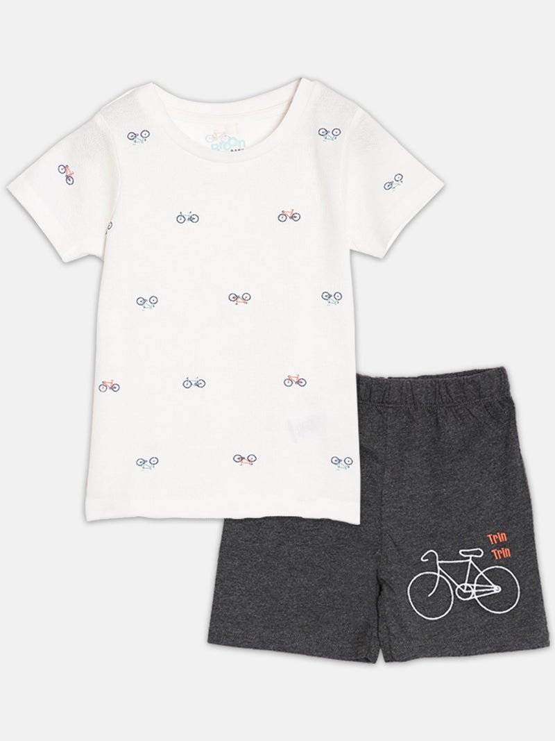 Broon Infant Boys White and Black Printed Organic Cotton T-shirt with Shorts Set - Image 1