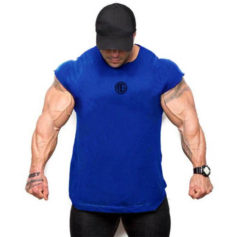 GYM sleeveless T-shirt sports waistcoat muscle mens pure cotton waistcoat running training thin top Blue - Image 1