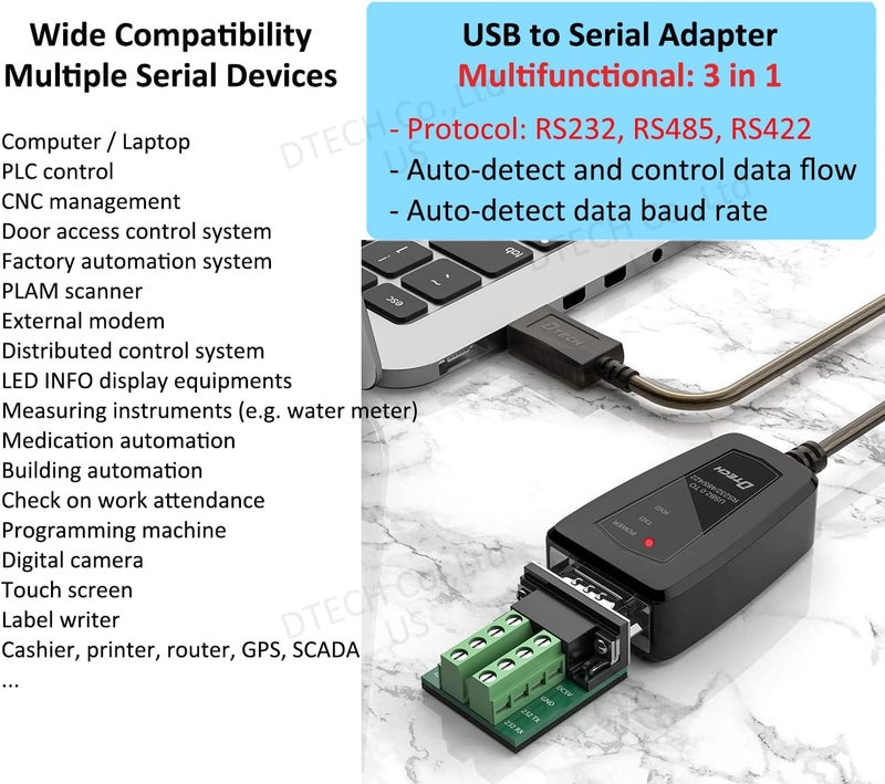 دي تك محول USB إلى تسلسلي DTech، كابل RS422 RS485 R232 إلى USB (واجهة 3 في 1) يدعم 5 فولت تيار مستمر مع لوحة توصيل وأضواء LED لأجهزة التحكم المتعددة، متوافق مع Windows 11 10 8 7 XP Mac (طول 1.5 قدم) - Image 3