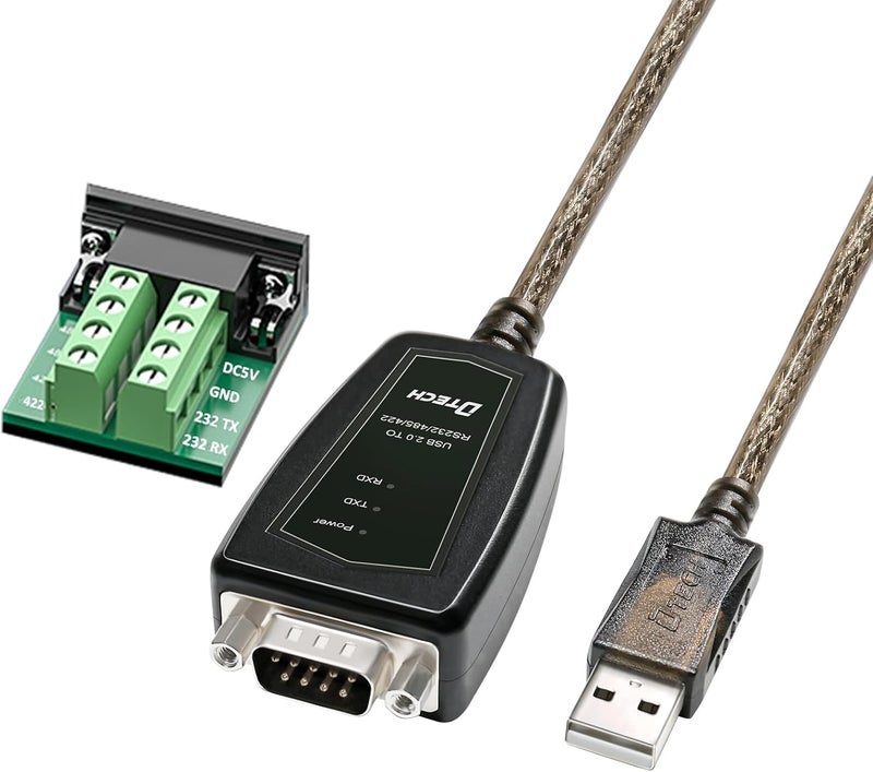 دي تك محول USB إلى تسلسلي DTech، كابل RS422 RS485 R232 إلى USB (واجهة 3 في 1) يدعم 5 فولت تيار مستمر مع لوحة توصيل وأضواء LED لأجهزة التحكم المتعددة، متوافق مع Windows 11 10 8 7 XP Mac (طول 1.5 قدم) - Image 1