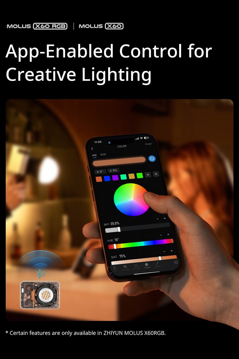 ZHIYUN Molus X60 [Official] 60W Bi-Color Combo Video Light with Grip Battery, Portable COB Photography Lighting on Camera, APP Control•CRI≥95•TLCI≥97•9 Scenes for Video Recording/Portrait/TVC, USB-C - Image 5