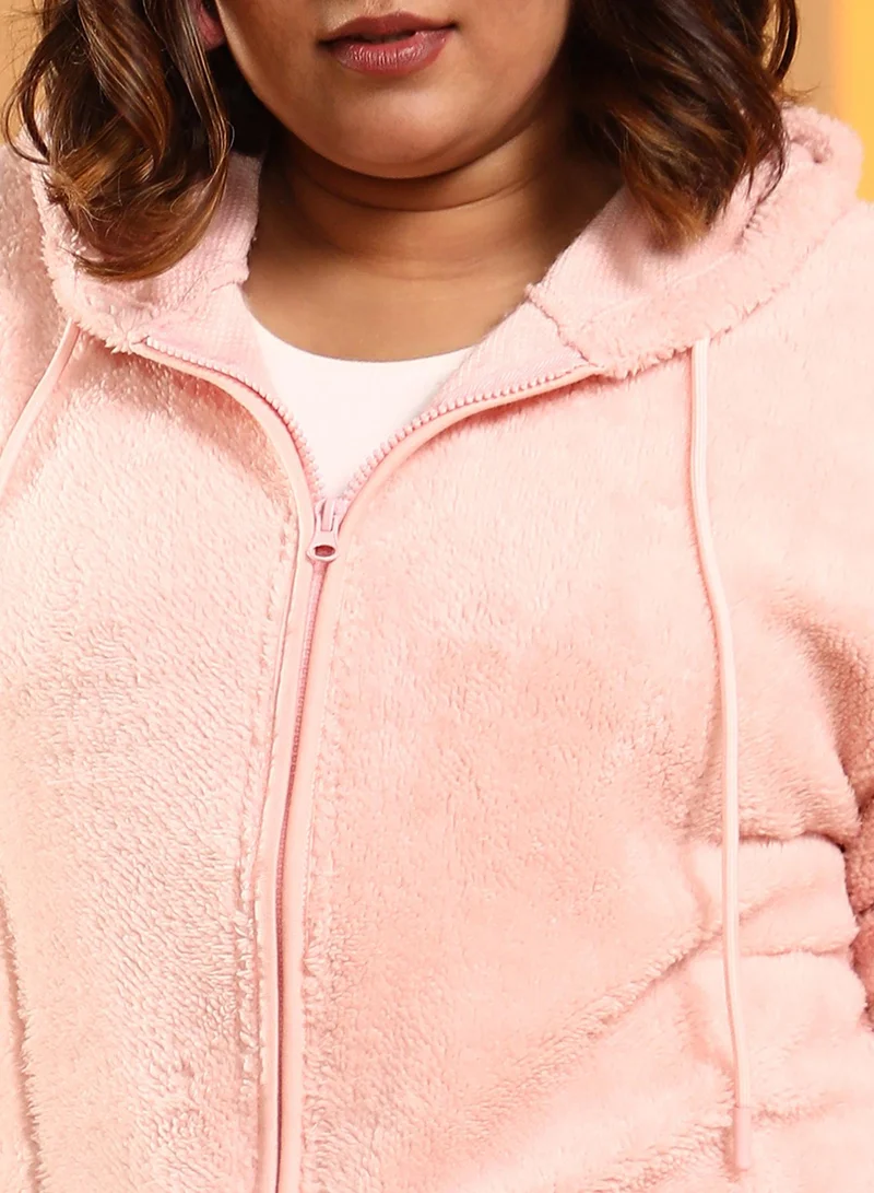 Instafab Plus Women's Baby Pink Zip-Front Fleece Hoodie