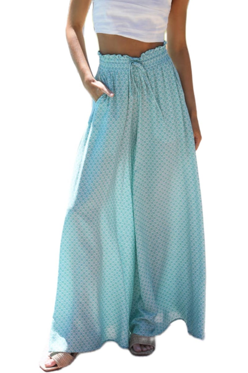 YOCUR Women Summer Beach Vacation Pants High Waisted Wide Leg Floral Palazzo Printed Loose Flowy Casual Pockets Pants Blue XXL - Image 1