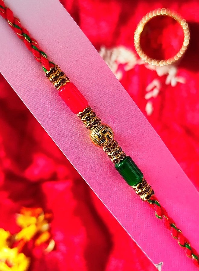 CRAYTON Red and Green Stone With Swastik Rakhi - Image 3