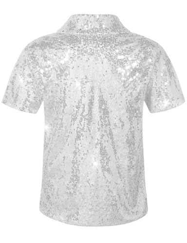 Spring&Gege Boy's Short Sleeve Turndown Sparkle Sequins Polo Shirt 70s Disco Costume T-Shirt, Silver Gray, Size 7-8 Years - Image 2