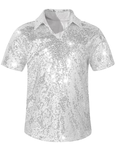 Spring&Gege Boy's Short Sleeve Turndown Sparkle Sequins Polo Shirt 70s Disco Costume T-Shirt, Silver Gray, Size 7-8 Years - Image 1