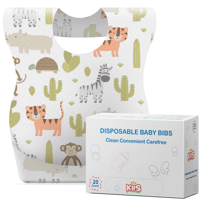 KIIS Disposable Baby Bibs with Large Crumb-Catching Pocket - Hygienic, Soft and Leakproof Eating, Travel Must Haves, 20 Count (Animal) - Image 1