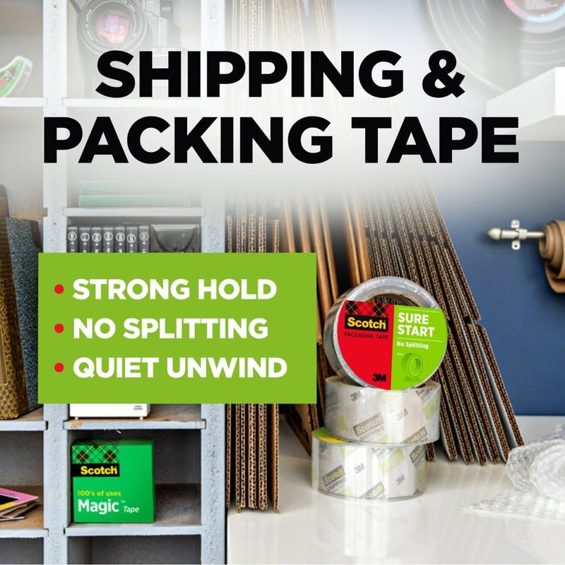 Scotch  Sure Start Shipping Packaging Tape, 1.88" x 54.6 yd, Designed for Packing, Shipping and Mailing, Quiet Unwind, No Splitting or Tearing, 3" Core, Clear, 1 Roll (345) - Image 2