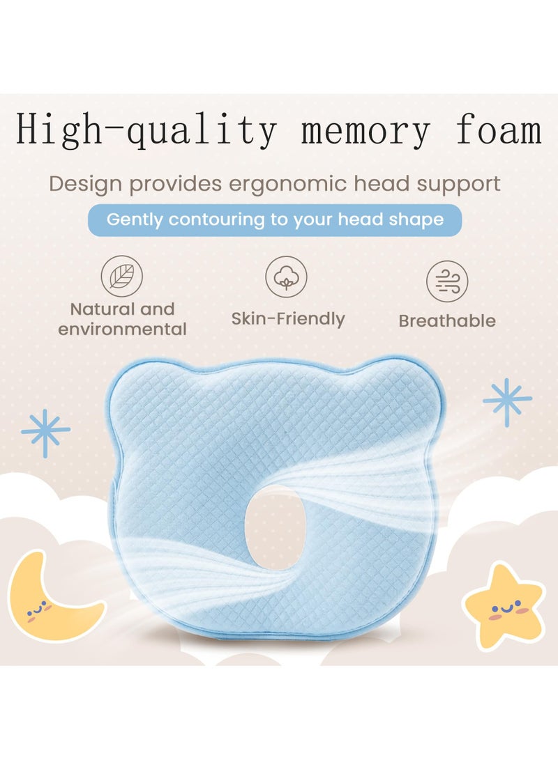 Flushrenic Memory Foam Baby Travel Pillow, Portable Cute Cartoon Bear Soft Comfortable Pillow, Flat Head Baby Pillow, Newborn Neck Pillow, Newborn Pillow, Baby Breathable Bedding Set, Suitable for Boys and Girls to Prevent Flat Head (Light Blue) - Image 3